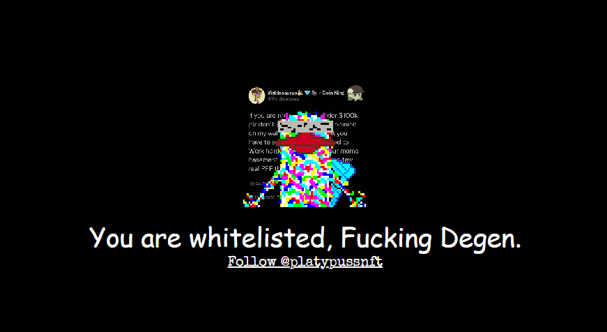 Thanks to the team @PlatypussNFT for blessing me with a WL spot!

love the pixels / art and can't wait to mint

and if you haven't checked em out make sure to give them a follow and stay posted for a chance to get a password so you can mint!