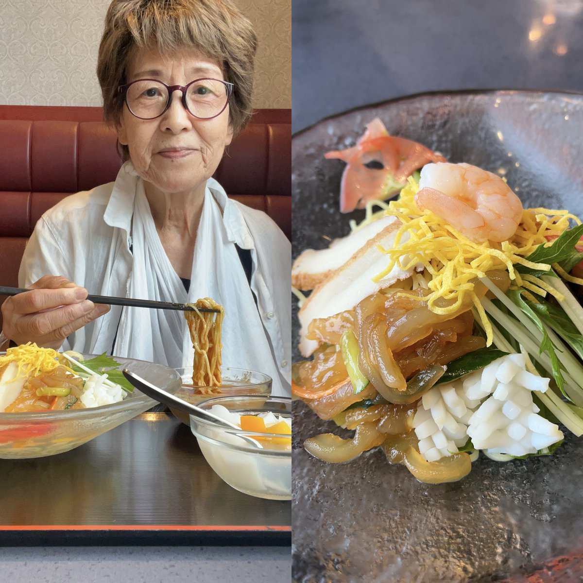 cookingwithdog's tweet photo. Today’s lunch was Gomoku Hiyashi Chuka (chilled Chinese noodles with sesame sauce) served with almond jelly. 👩‍🍳🥰 On top of the chilled Chinese noodles, which had been firmly tightened in cold water, was an array of colorful toppings, including large shrimp, decorative-cut squid, roast pork, satsuma-age (fried fish cake), Chinese-style jellyfish, imitation crab, sweet simmered dried shiitake mushrooms, cucumber, and mizuna greens. Thin slices of tomato were arranged around the noodles, giving the dish a refreshing appearance. ☺️

At first, I dipped the toppings into the sesame sauce to enjoy them, and later, I poured the sauce over the whole dish.

For dessert, I had smooth, easy-to-swallow almond jelly, which was perfect for summer.

My fracture is healing well, and it looks like the day I can remove the splint is near. I sincerely thank everyone who has sent me warm words of encouragement. It will still take a little longer for a full recovery, but I plan to enjoy the summer without pushing myself. I hope you all take care of yourselves and have a wonderful summer.

今日のお昼は「五目冷やし中華（ごまだれ）・杏仁豆腐付き」
きゅっと冷水で締めた中華麺の上に、大きな海老をはじめ、花切りのイカ、焼き豚、さつま揚げ、中華クラゲ、カニカマ、干し椎茸の甘煮、きゅうり、水菜など、彩り豊かな具材が並んでいます。麺の周りには薄切りトマトが飾られ、見た目もとっても涼しげです☺️
最初はごまだれに具を浸けて味わい、後半はごまだれを全体にかけていただきました。
食後はつるんと喉越しの良い杏仁豆腐。
夏のデザートにぴったりでした。

骨折は順調に回復しています。シーネを外せる日も近そうです。あたたかいお言葉をくださった皆さま、本当にありがとうございます。
完治まではもう少しかかりますが、無理せず夏を楽しみたいと思います。皆さんもどうぞお体に気をつけて、素敵な夏をお過ごしください。