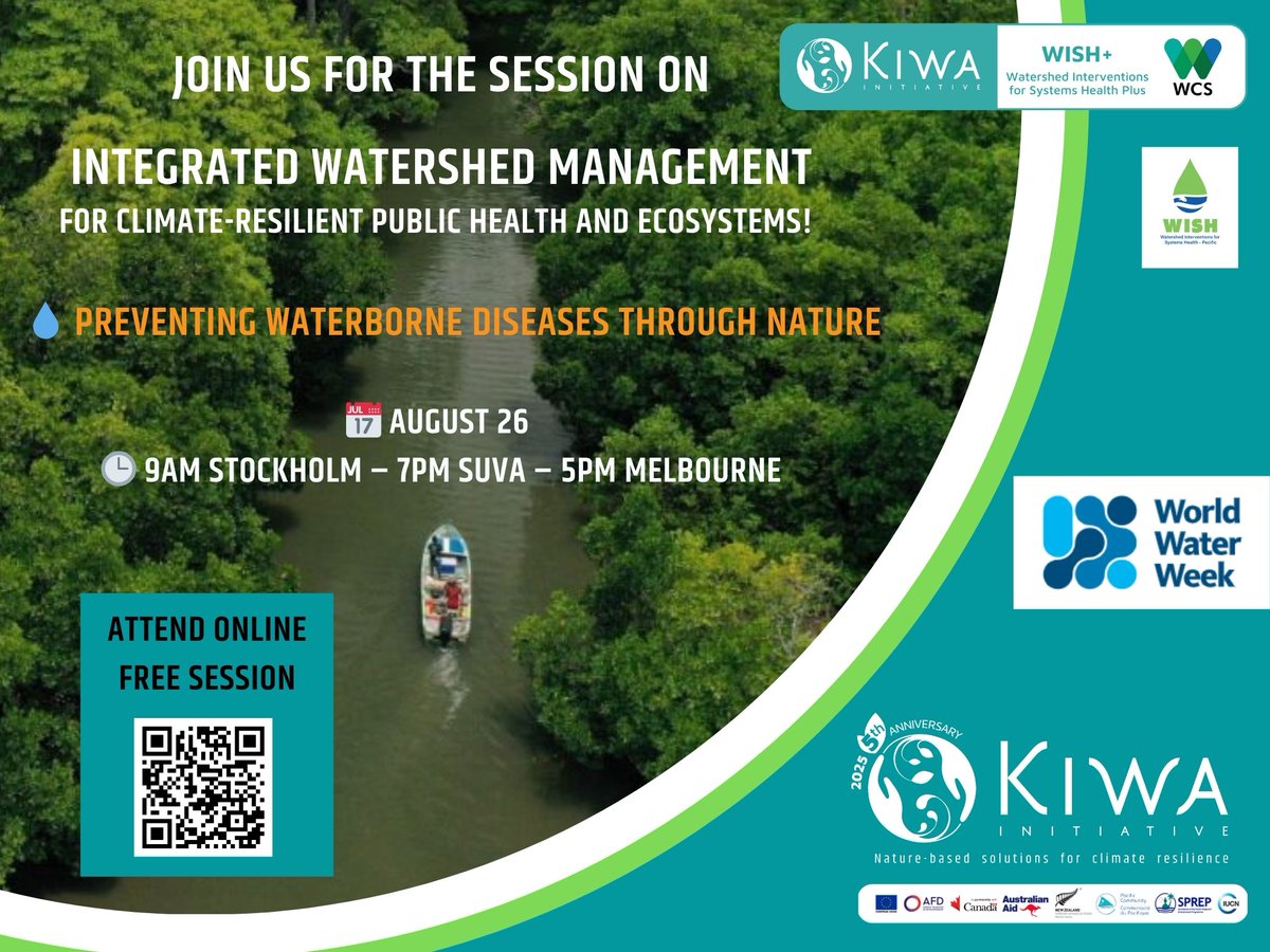 💧🌏Gestion des bassins versants et Santé publique:
 📅 26 août – Session en ligne gratuite à la #WWWeek : avec l'équipe du projet Kiwa WISH+
 🔗 Inscrivez-vous : worldwaterweek.org/tickets
 🇫🇷🇪🇺🇦🇺🇨🇦🇳🇿 #KiwaInitiative #WISHplus #SFN #Pacifique