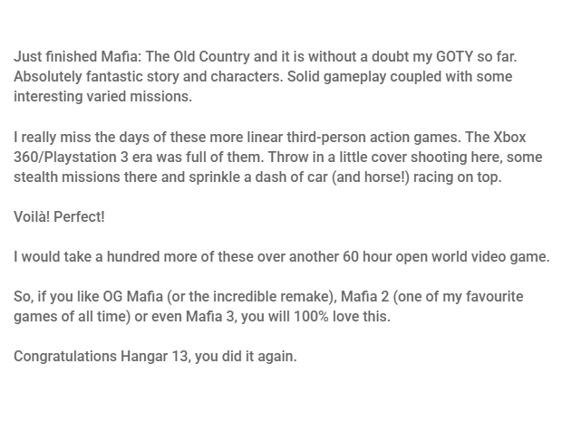 #MafiaTheOldCountry 
<a href="/mafiagame/">Mafia Game</a> <a href="/Hangar13Games/">Hangar 13</a>