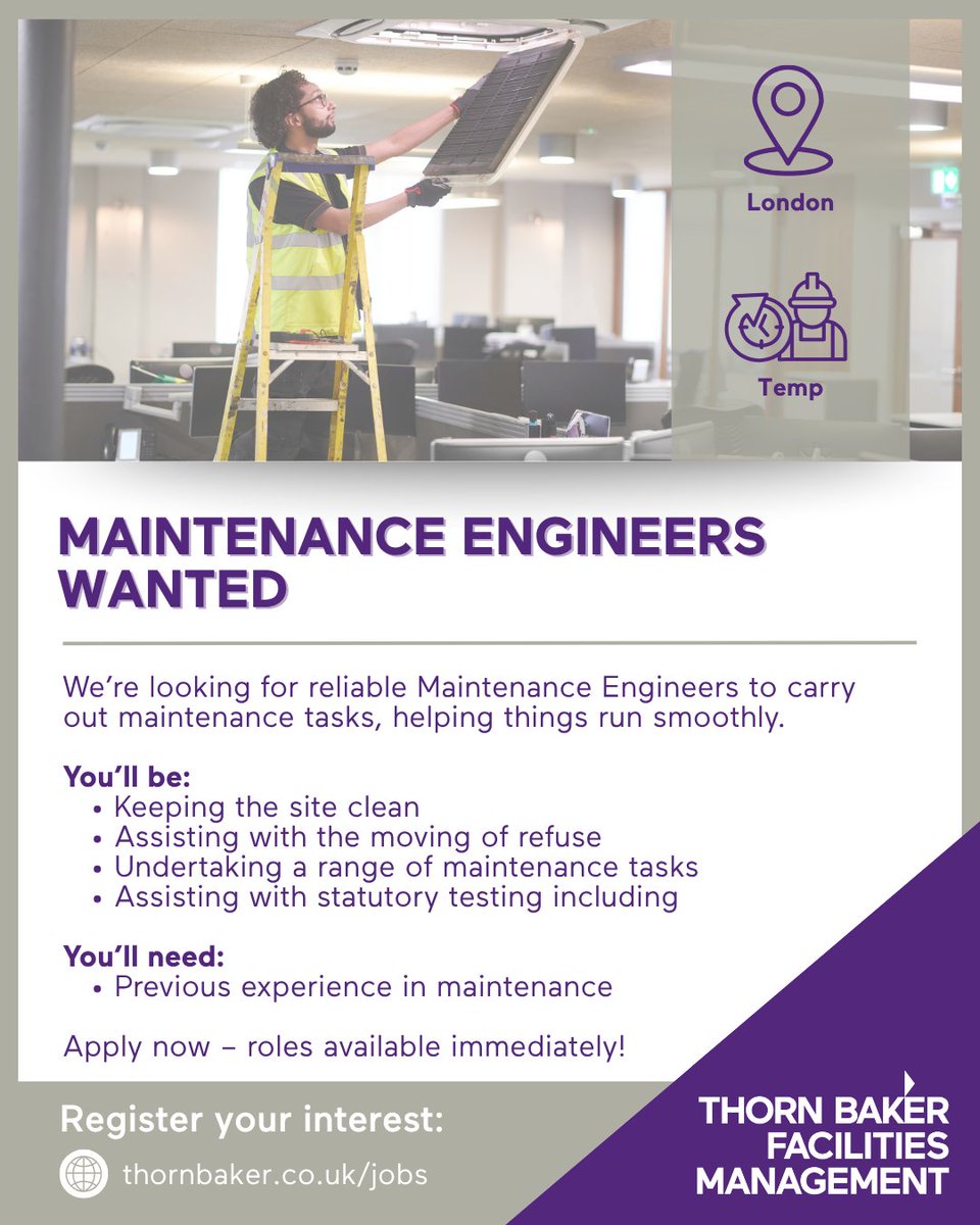 On the hunt for a new job? We’ve got plenty of opportunities nationwide.

If none of these take your fancy, don’t worry - we’ve got plenty more where that came from: obi41.nl/2p857ewa

#HotJobsOfTheWeek #ThisIsThornBaker #FMRecruitment #Cleaners #MaintenanceAssistant