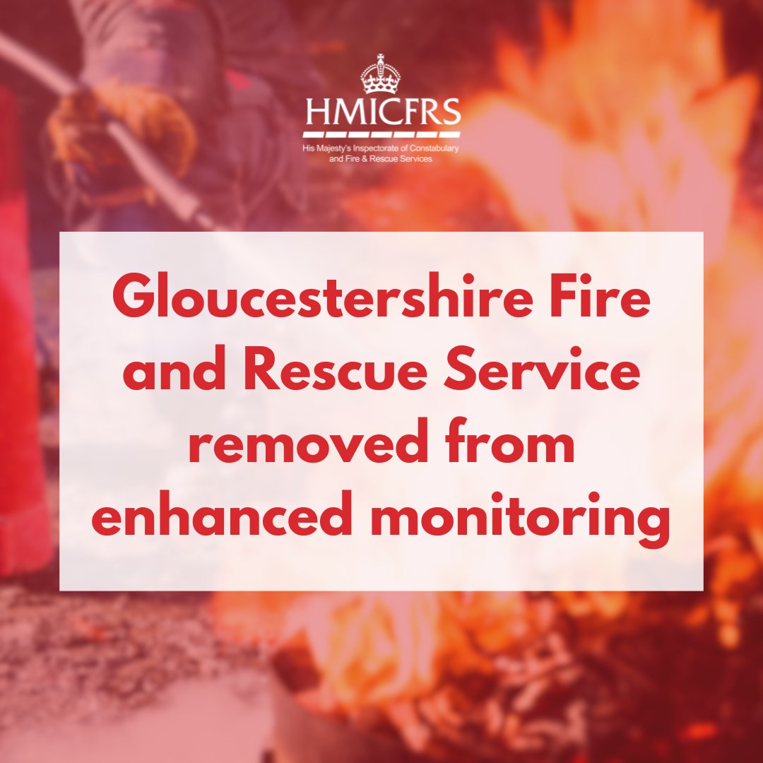 Today HM Chief Inspector of Fire and Rescue Services, Sir Andy Cooke, has decided to remove <a href="/Glosfire/">Gloucestershire Fire and Rescue Service</a> from our enhanced level of monitoring, known as Engage, due to improvements. 

The service will return to Scan, our routine monitoring.

🔽 Read more:
hmicfrs.justiceinspectorates.gov.uk/news/news-feed…