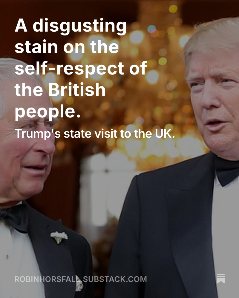 A disgusting stain on the self-respect of the British people. 
Trump thinks he is meeting Putin in Russia on Friday. He repeatedly said so yesterday. The planned summit is in Alaska! 

open.substack.com/pub/robinhorsf…