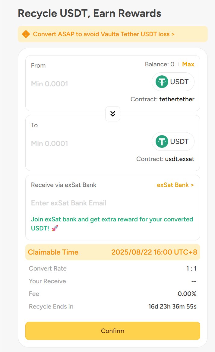 1DEX_COM's tweet image. You can start recycling USDT on 1DEX now!
👉 1dex.com/recycle-usdt
Join exSat Bank and get extra rewards for your converted USDT!🚀
Recycling will last for 17 days