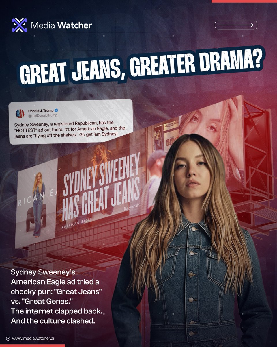 _mediawatcher's tweet image. Hot jeans, hotter takes, even Trump couldn’t resist. 
For a deeper look, read the blog: mediawatcher.ai/blog/how-sydne…
#MediaIntelligence #ReputationMonitoring #SentimentAnalysis #CultureWars #SydneySweeney
