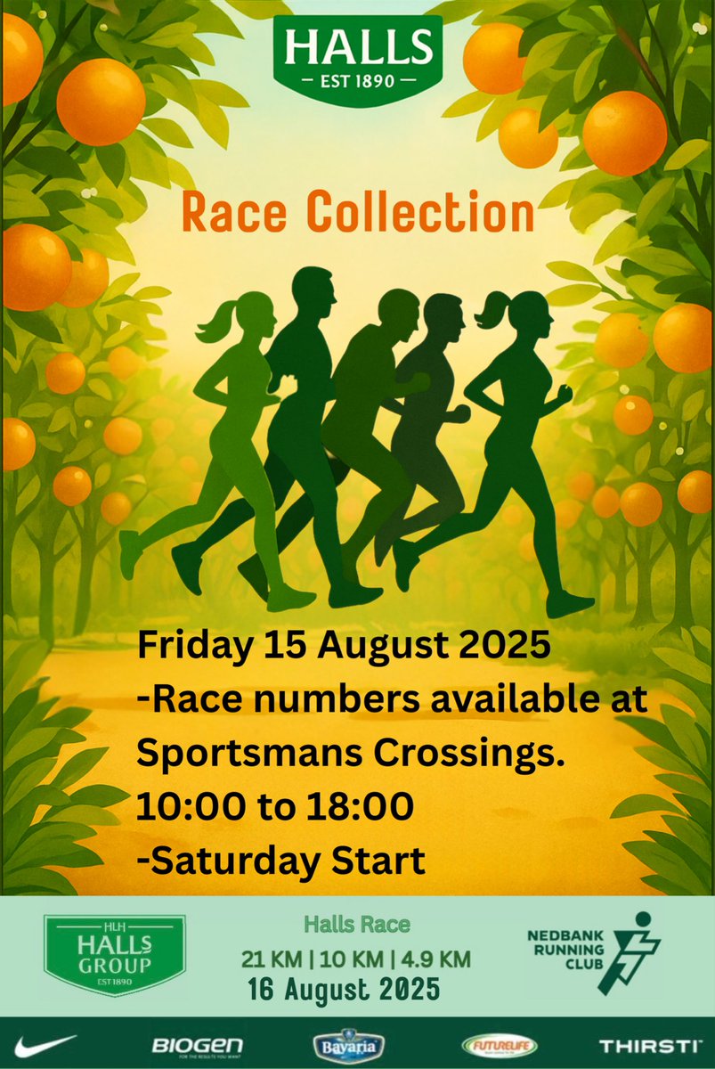 Nedbank Running Club Mpumalanga (@nedbankl) on Twitter photo πββοΈπ Lace up and get ready! Race number collection for the Halls Race is on Friday, 15 August 2025 at Sportsmans Crossings from 10:00 to 18:00. Race numbers will also be available at the start point on #raceday. π
ππ½ββοΈπ
#RaceThroughTheOrchards#TrailVibes #WomensMonth #AgainstGBV πββοΈπ Lace up and get ready! Race number collection for the Halls Race is on Friday, 15 August 2025 at Sportsmans Crossings from 10:00 to 18:00. Race numbers will also be available at the start point on #raceday. π
ππ½ββοΈπ
#RaceThroughTheOrchards#TrailVibes #WomensMonth #AgainstGBV