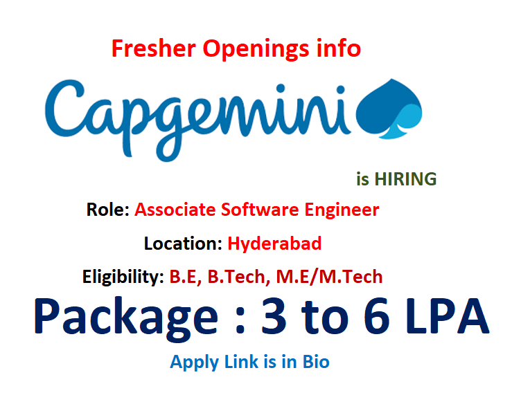 Capgemini is hiring #Freshers for Associate #Software Engineer.

Location: Hyderabad

Job Description:
- Is the entry level with a foundational understanding on programming concepts, software design and software development principles. 

Link: careers.capgemini.com/job/Hyderabad-…

#Capgemini