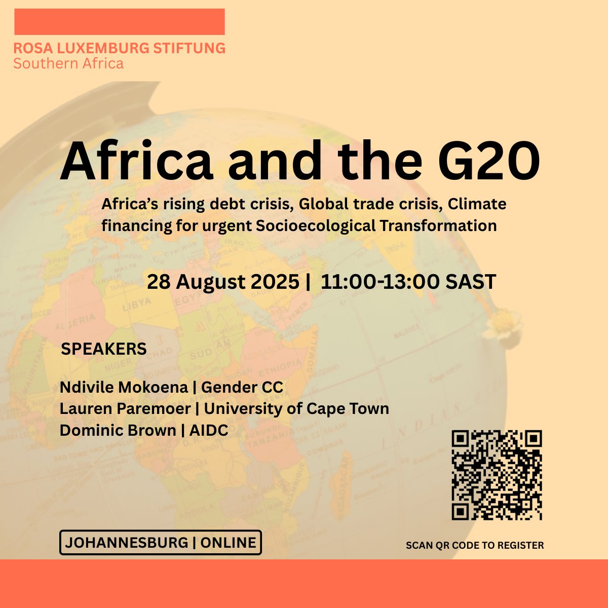 INVITATION🔔 

Join us on 28 August as we discuss the AU's membership to the G20 and its implications for addressing the continent's debt crisis, climate financing, and the global trade crisis.

⏰11:00-13:00 SAST

Registration: Scan QR code or click here: eu01web.zoom.us/meeting/regist…
