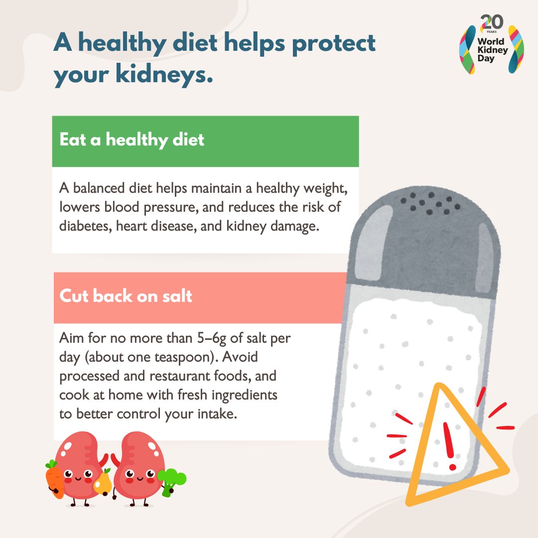 Secondhope23's tweet photo. Cutting down on salt is a simple but powerful way to protect your kidneys.Aim for no more than 5–6g per day.Avoid processed foods and cook fresh at home when possible.If you have kidney disease or are on dialysis,speak with your doctor or dietitian before making changes. https://t.co/1riTZ0B1sI
