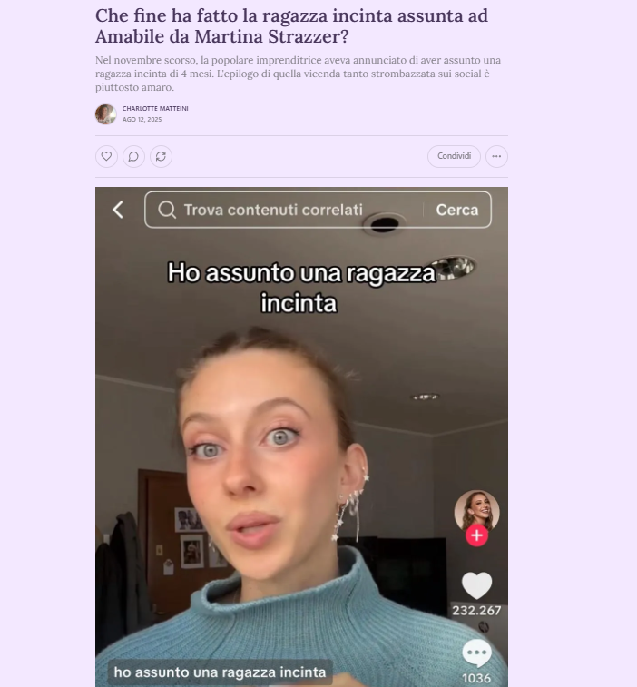 THREAD

Era il 13 novembre 2024 quando Martina Strazzer, influencer e fondatrice del popolare brand Amabile, annunciava con un video su TikTok di aver assunto una ragazza incinta al quarto mese.

Quando il video venne pubblicato, Sara lavorava in azienda già da qualche mese.
1/