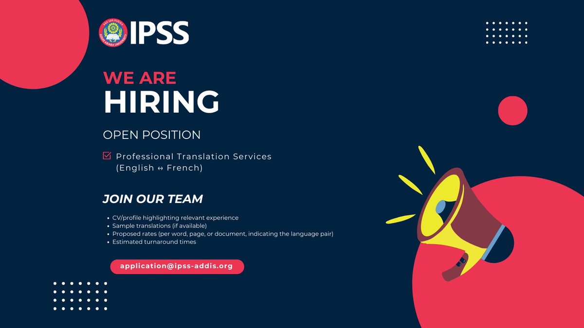 🌍 IPSS is hiring! 🌍

We’re seeking experienced English ↔ French translators (individuals or firms) for 20 Aug – 15 Dec 2025.

Requirements:
✅ 4+ years’ proven translation experience
✅ Native/near-native English &amp; French
✅ Knowledge of peace, security &amp; development