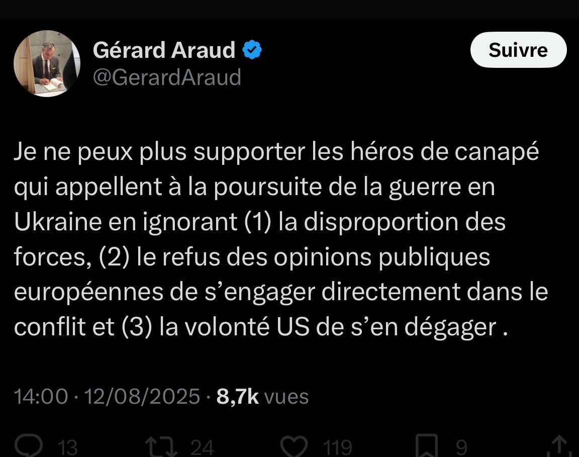 Je ne peux plus supporter les épigones de Chamberlain qui ne voit d’issue que dans la capitulation et l’humiliation. La disproportion des forces, réelle, n’existe que parce que l’Europe refuse de s’engager sur le terrain, exactement comme l’ont fait les Américains en 1914-1917 et