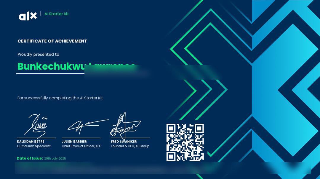 _Buvic_'s tweet photo. Proud to have completed the AI Starter Kit with @alx_africa 
This is just the beginning of my journey in harnessing AI for innovation and impact.

#AI #LearningNeverStops #ALX #ArtificialIntelligence #TechForGood https://t.co/SFgSYkrqgP