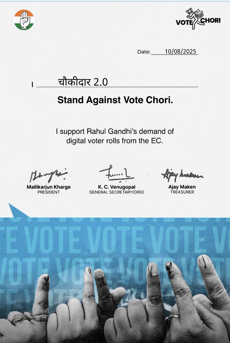 AdyAl08's tweet photo. Rahul Gandhi’s fight is our fight! Digital voter rolls are every citizen’s right, not EC’s secret property.
Stand with the Constitution.
Stand with the truth.
I #StandWithRahul #IndiaForCleanElections
#VoteChoriBJP https://t.co/08YpuWnUxZ