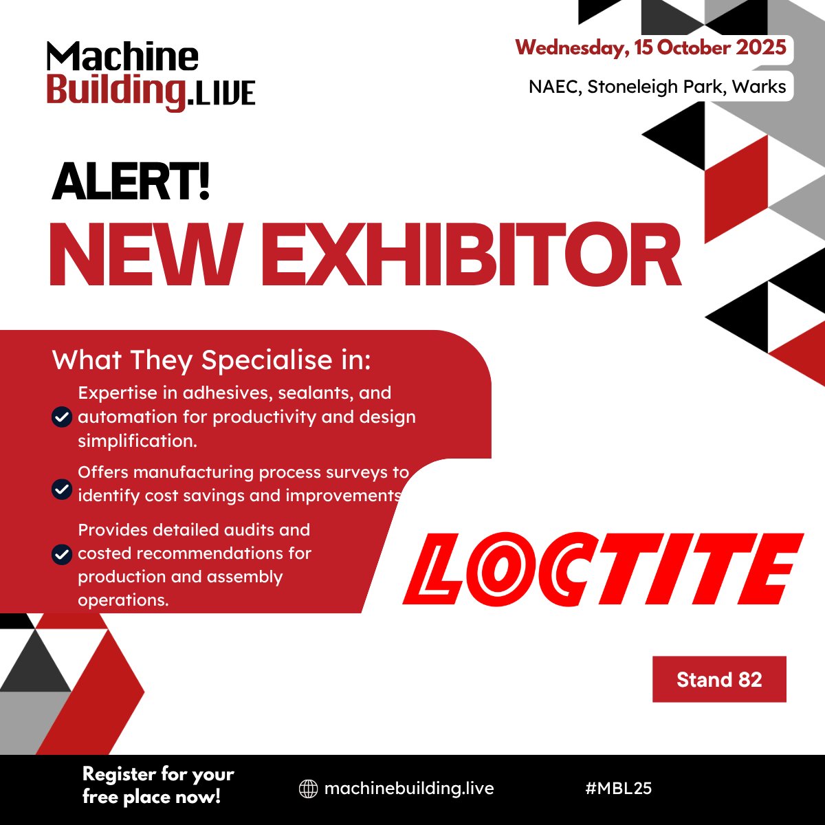 We are delighted to welcome Loctite to MachineBuildingLive, taking place at the NAEC, Stoneleigh Park on 15 October 2025. Find out more here: bit.ly/3GHdsY7  Free to attend: bit.ly/4kQ9WbU 
#MBL25 #engineering #ukmanufacturing