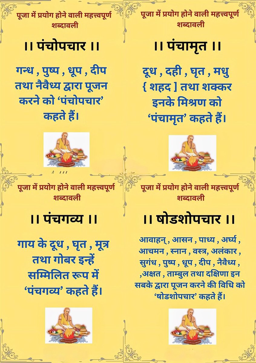 🧵THREAD: 4 Sacred Puja Terms Every Hindu Should Know
These words echo in temples &amp; homes daily, but few know their true meaning. Let’s decode:
1️⃣ Panchopchar
2️⃣ Panchamrit
3️⃣ Panchagavya
4️⃣ Shodashopchar
#SanatanDharma #Puja