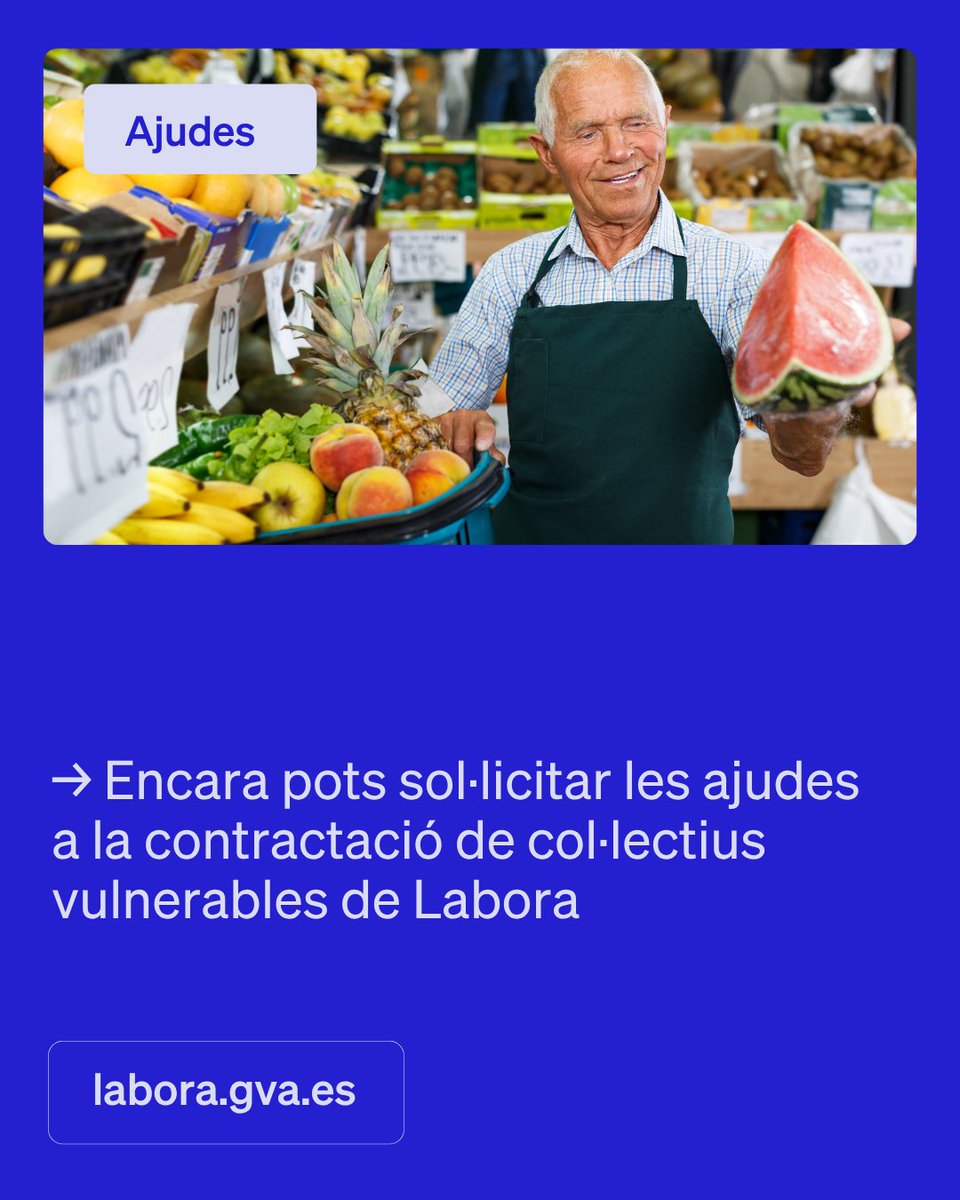 GVA LABORA (@gvalabora) on Twitter photo 🏢 Si eres una empresa, recorda que encara eres a temps de sol·licitar les ajudes de Labora Senior per a contractar persones desocupades amb més dificultats d'accés a l'ocupació.
💼 Podràs rebre fins a 30.000 € per contracte per a impulsar la inclusió laboral.
📅 Termini obert 🏢 Si eres una empresa, recorda que encara eres a temps de sol·licitar les ajudes de Labora Senior per a contractar persones desocupades amb més dificultats d'accés a l'ocupació.
💼 Podràs rebre fins a 30.000 € per contracte per a impulsar la inclusió laboral.
📅 Termini obert