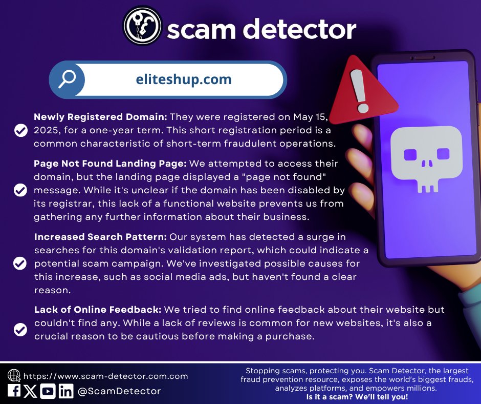 ScamDetector's tweet image. Is eliteshup[.]com legit? Learn key security tips to identify online scams before you click. Full validation report: scam-detector.com/validator/elit…

#scamdetectorvalidator #securitytips #validationreport