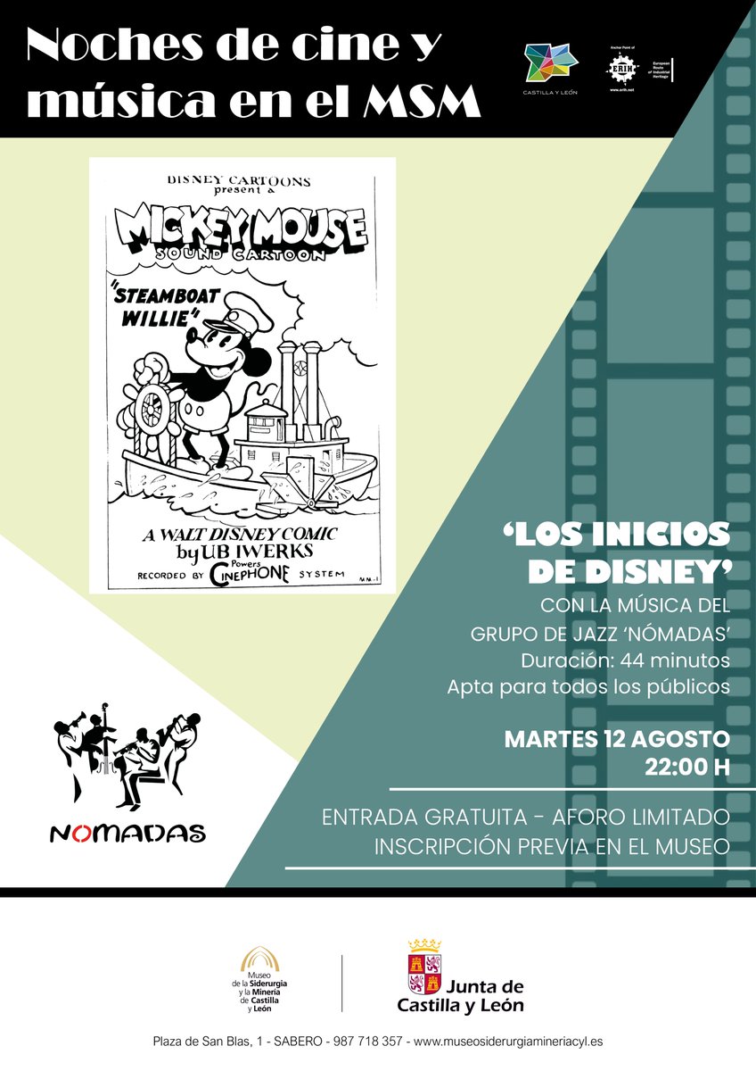 Esta noche a las diez disfrutaremos de los primeros trabajos cinematográficos de Walt Disney con la música en directo del trio de jazz ´Nómadas´. Te esperamos. Plazas limitadas. Apúntate en el museo.