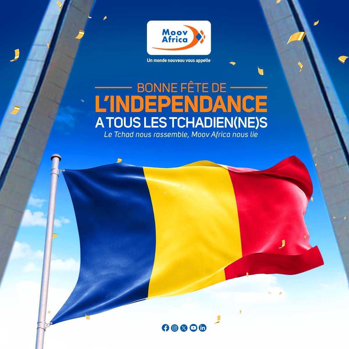 Moov Africa💙🧡 Tchad souhaite à tous les Tchadiens une Bonne fête🎉🎊 de l'Indépendance🇷🇴 dans la paix🤝 et l'unité🤞.

#Moov_Africa #Independance_Tchad