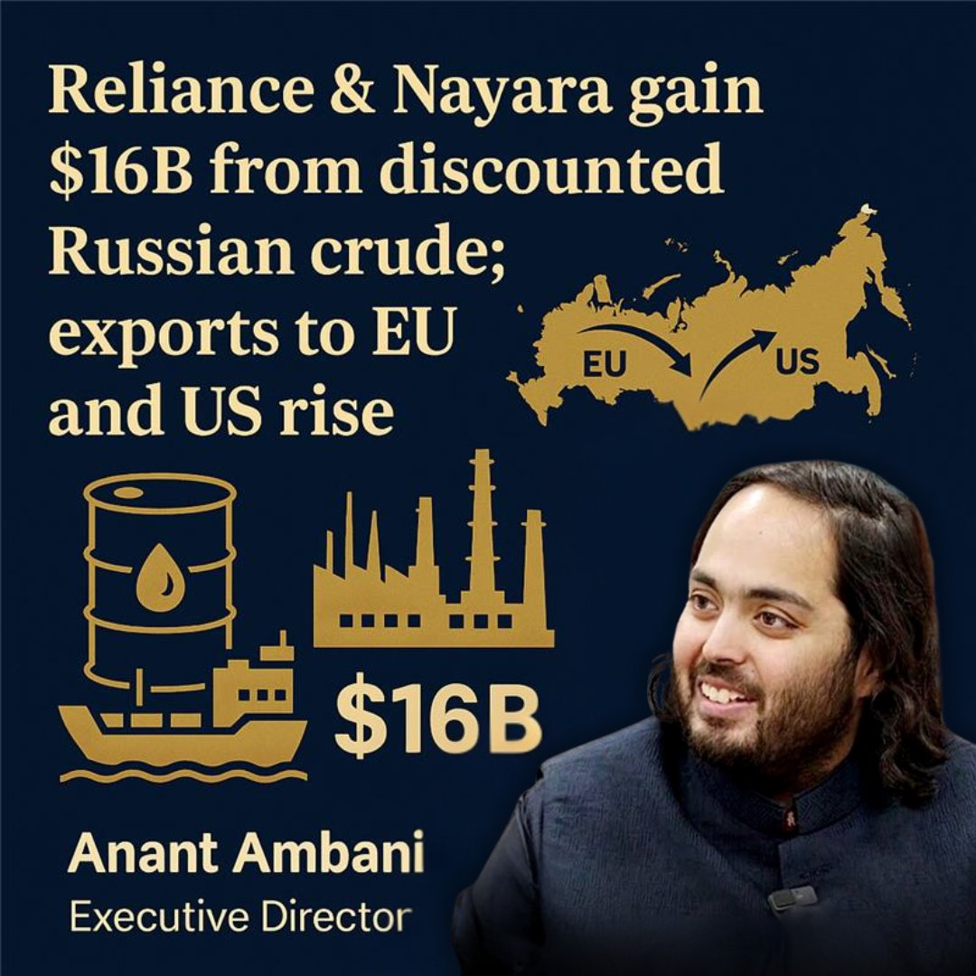 Reliance Industries and Nayara Energy have gained $16 billion from discounted Russian crude, capturing nearly half of export volumes. Anant Ambani’s strategic vision keeps Reliance agile in the global energy market.

#AnantAmbani #RelianceIndustries #EnergyStrategy #GlobalMarkets