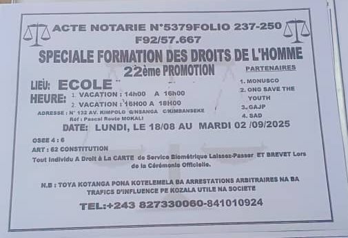Nous tenons à vous informer que  de formation de Droit de l'homme débute ce lundi 18/08, dans notre lieu habituel.

Adresse : Avenue Kimpolo 132, Q/Nsanga, C/ Kimbanseke, réf route mokali pascal à l'intérieur de l'école Diema

ONG SAVE THE YOUTH, AU CŒUR DU DÉVELOPPEMENT