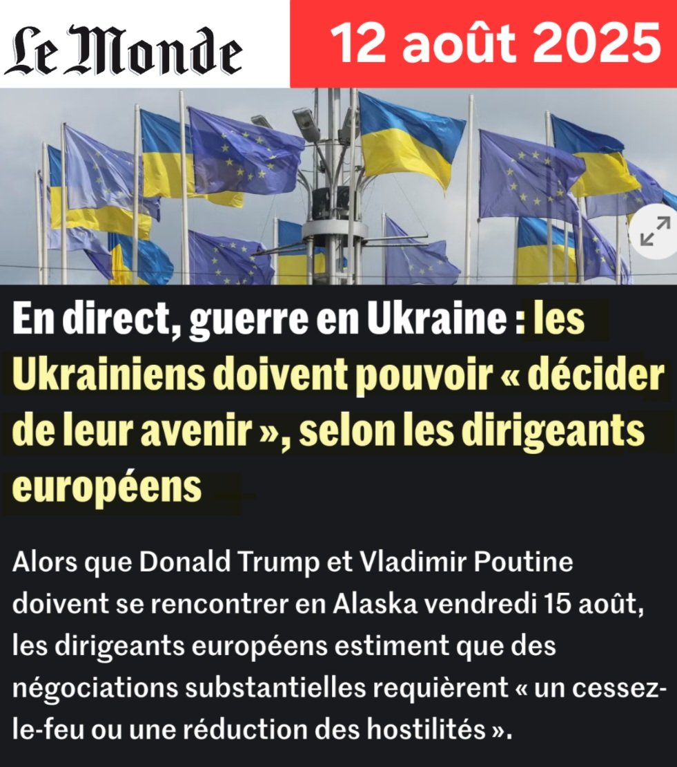 Les «dirigeants européens»
▪️exigent que Zelensky participe à la réunion Trump-Poutine car «les Ukrainiens doivent pouvoir décider de leur avenir»
▪️mais jugent que Français,Allemands, Italiens,etc,NE SONT PAS FONDÉS,EUX, À «POUVOIR DÉCIDER» S'ILS VEULENT SOUTENIR ZELENSKY OU PAS