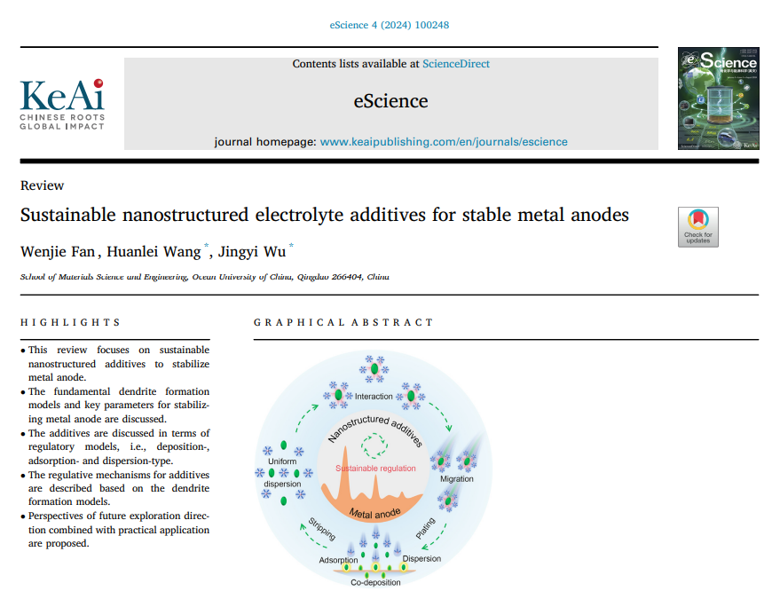 Review: Sustainable nanostructured electrolyte additives for stable metal anodes, eScience 4 (2024) 100248. Prof. Jingyi Wu &amp; Prof. Huanlei Wang.
#Metal anodes 
#Electrolyte additives 
#Sustainability 
#Nanostructured materials
lnkd.in/evs6e4wE