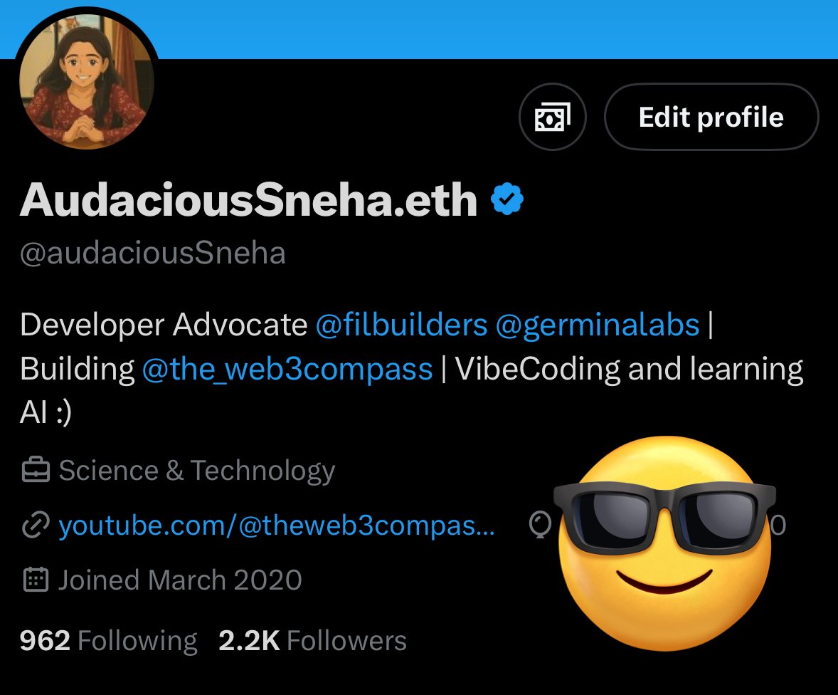 Sneha (@audacioussneha) on Twitter photo Cute little X bio update ✨🥳
Joined as Developer Advocate <a href="/FILBuilders/">FIL Builders</a> ~ <a href="/GerminaLabs/">Germina Labs</a>
Started contributing to Founders Forge Program by <a href="/protocollabs/">Protocol Labs</a>
Expect a lot of content all around the <a href="/Filecoin/">Filecoin</a> community :)
Germina Labs would be doing a lot of work around Cute little X bio update ✨🥳
Joined as Developer Advocate <a href="/FILBuilders/">FIL Builders</a> ~ <a href="/GerminaLabs/">Germina Labs</a>
Started contributing to Founders Forge Program by <a href="/protocollabs/">Protocol Labs</a>
Expect a lot of content all around the <a href="/Filecoin/">Filecoin</a> community :)
Germina Labs would be doing a lot of work around