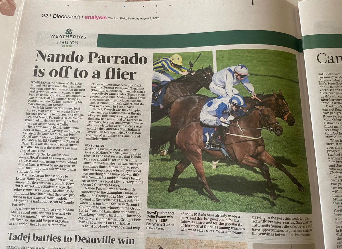 Great article by <a href="/PowellLeo/">Leo Powell</a> in this weeks <a href="/TheIrishField/">The Irish Field</a> 
BREEDING INSIGHTS: Nando Parrado off to a flier