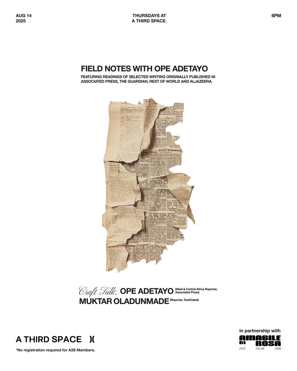 This Thursday, we are joined by incredible writers <a href="/OpeAdetayo1/">Ope Adetayo</a> &amp; <a href="/mroladunmade/">muktar</a> for an evening of readings and craft talk on the reporting process &amp; storytelling.

Brought to life in partnership with Amabile Di Rosa.

Grab a pass here:
selar.com/89104p080b