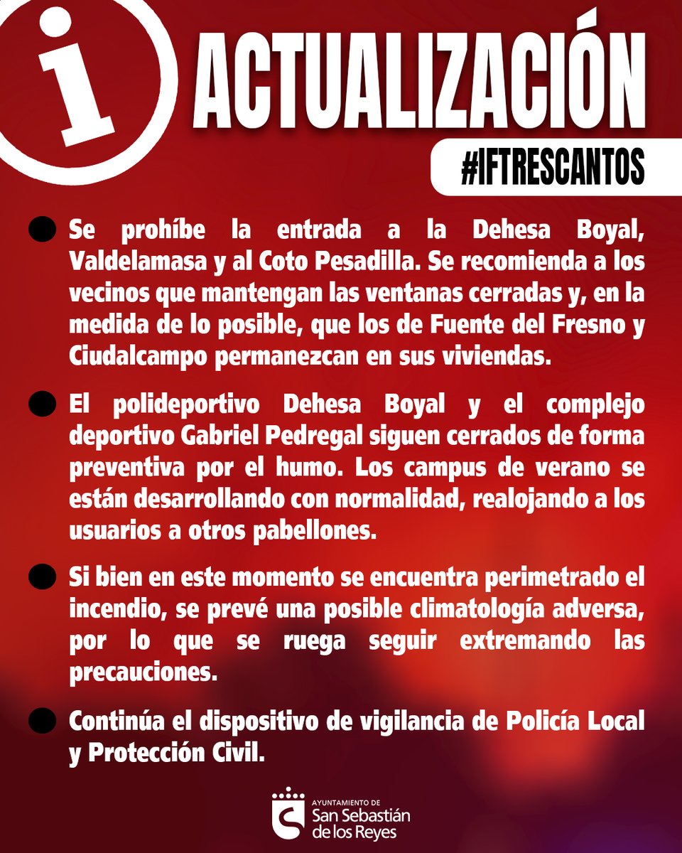 🚨 ACTUALIZACIÓN | Finalizada la reunión del CECOPI con motivo del #IFTresCantos el Ayuntamiento actualiza la situación en San Sebastián de los Reyes. 

Recordamos a la ciudadanía seguir la información a través de los canales oficiales.