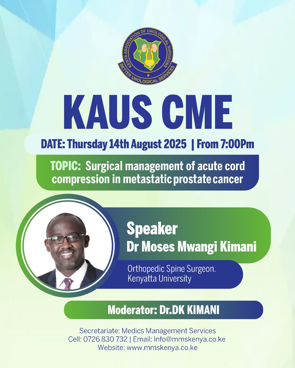 KAUS_1's tweet photo. The Kenya Association of Urological Surgeons (KAUS) invites you for a CPD Points accredited CME as per the below details:

Register in advance for this meeting:

https://t.co/vmdTBVhYL7 https://t.co/LMuxn4ckEo