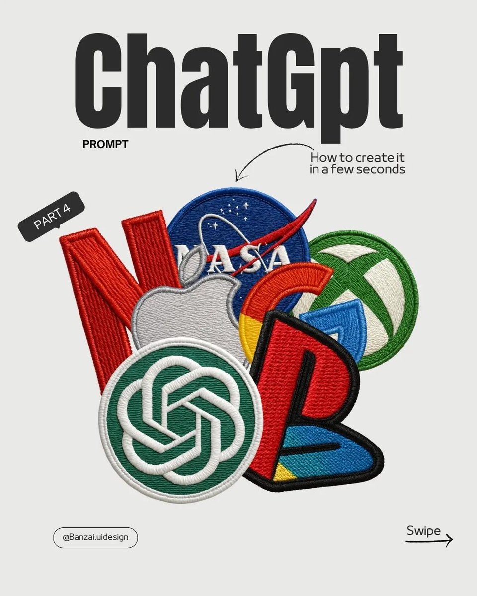 Ganesh_Broz's tweet image. HOW TO CREAT EMBROIDERED PATCH LOGO LOOK WITH Chatgpt prompt trend

The #prompt in the end
#chatgptprompts

Prompt 👇