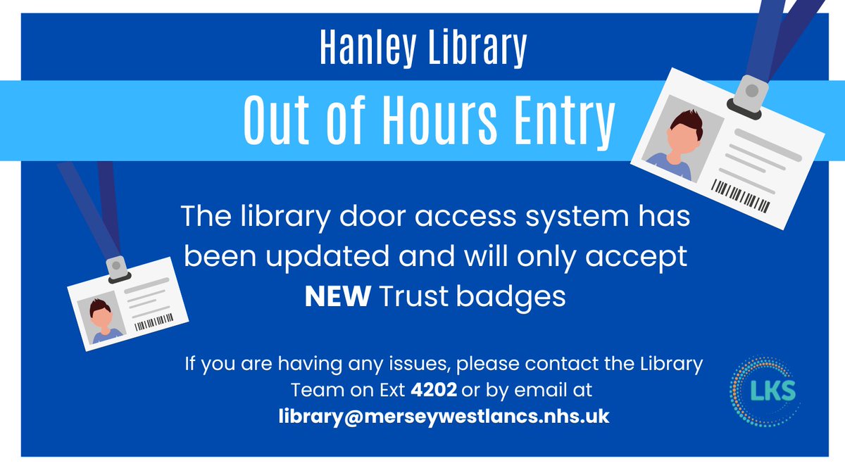 MWLNHSLibrary's tweet image. Hanley Library now has a NEW door access system. If you would like to access the Library after 4.30pm and before 8.30am, you must update your Trust badge. The door will be open as normal during daytime hours.
#TeamMWL #NewBadge #LibraryAccess