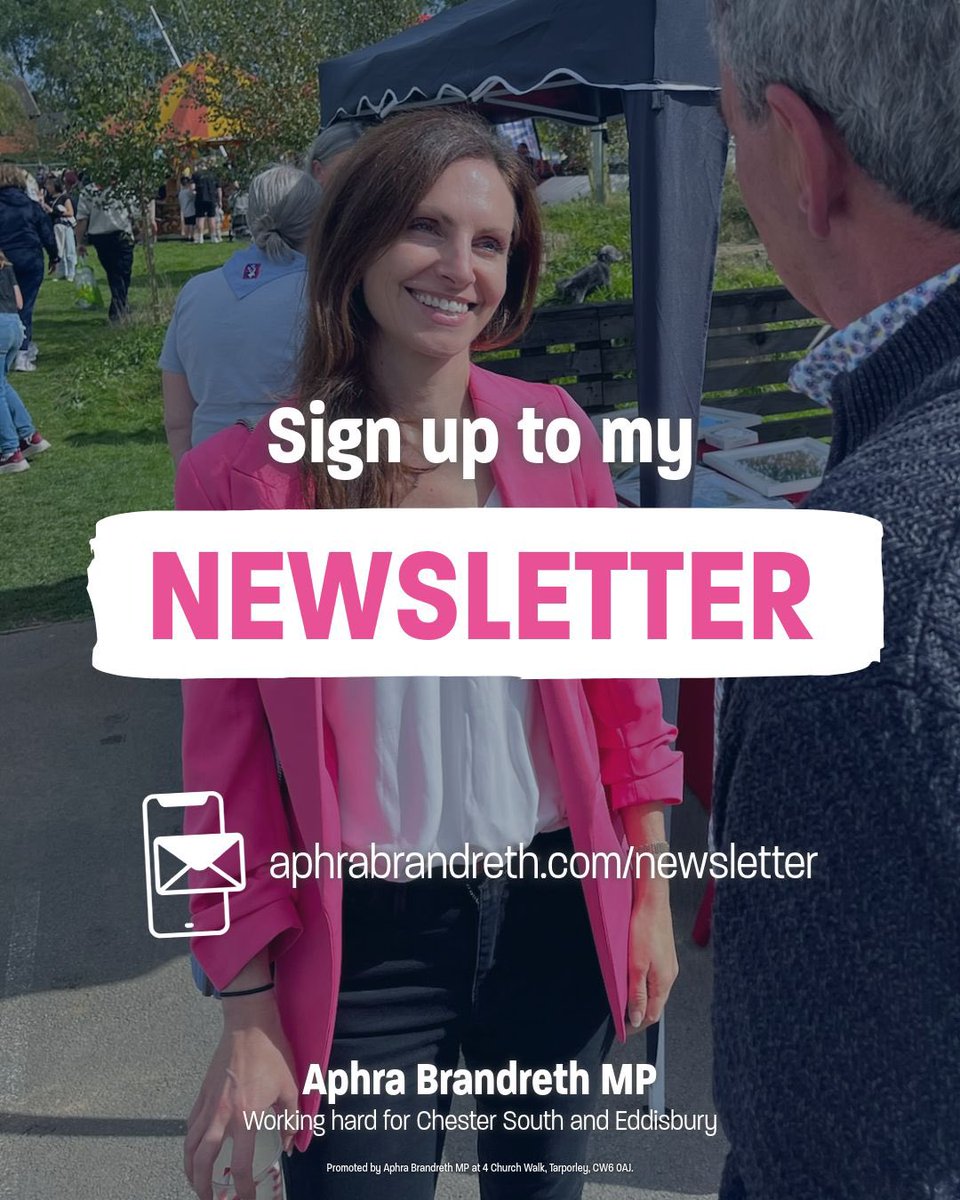 Get the latest updates on my work across Chester South and Eddisbury. From local campaigns and advice surgeries to national action in Parliament. Subscribe to receive my newsletter straight to your inbox.

🔗 aphrabrandreth.com/newsletter