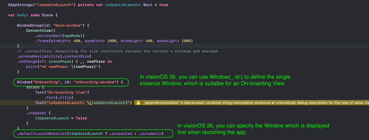 visionOS 26: Launch Window and Single Instance Window🌙
- Can define a single instance window using Window(_:id:)
- Can specify the first window programmatically which is shown when launching the app