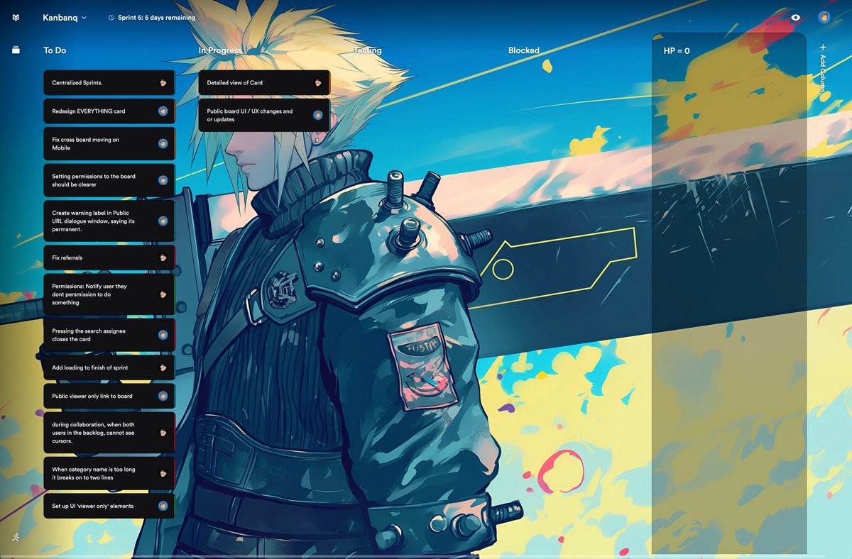 chrispapa's tweet image. New sprint, new vibe! This week, our project on Kanbanq.app has Cloud from FFVII as the background – ready to slice through our backlog like a Buster Sword.
What’s the background in your PM tool?