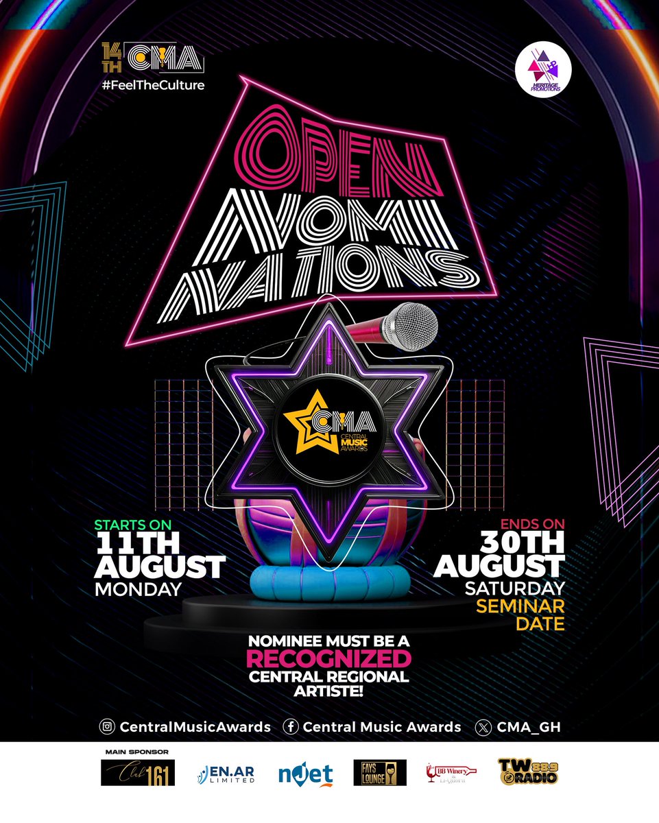 𝐍𝐨𝐦𝐢𝐧𝐚𝐭𝐢𝐨𝐧𝐬 𝐎𝐩𝐞𝐧 𝐅𝐨𝐫 𝐂𝐞𝐧𝐭𝐫𝐚𝐥 𝐌𝐮𝐬𝐢𝐜 𝐀𝐰𝐚𝐫𝐝𝐬 2025 
To file: Download form and fill accordingly: 
drive.google.com/file/d/19Q6vaV…

𝐃𝐞𝐚𝐝𝐥𝐢𝐧𝐞: 
All nominations must be submitted by Saturday, August 30, 2025 – 11:59 PM.

#CMA2025 #FeelTheCulture