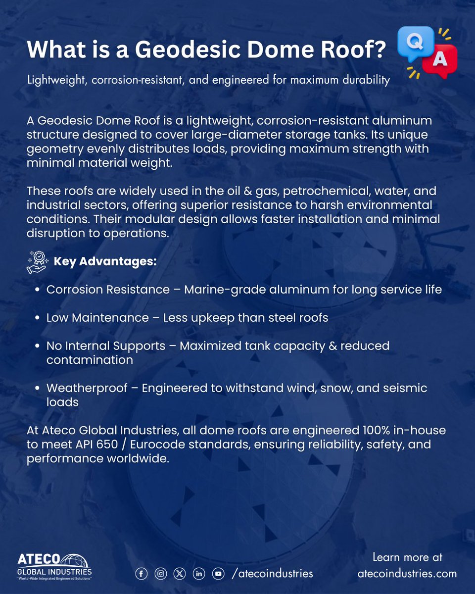 AtecoGlobal's tweet photo. What is a Geodesic Dome Roof?
A lightweight, corrosion-resistant aluminum structure engineered for maximum durability — meeting API 650 &amp; Eurocode standards.
From oil &amp; gas to water industries, we deliver engineering excellence worldwide. 🌍
#AtecoGlobalIndustries #GeodesicDome https://t.co/wwAVqrzpn8