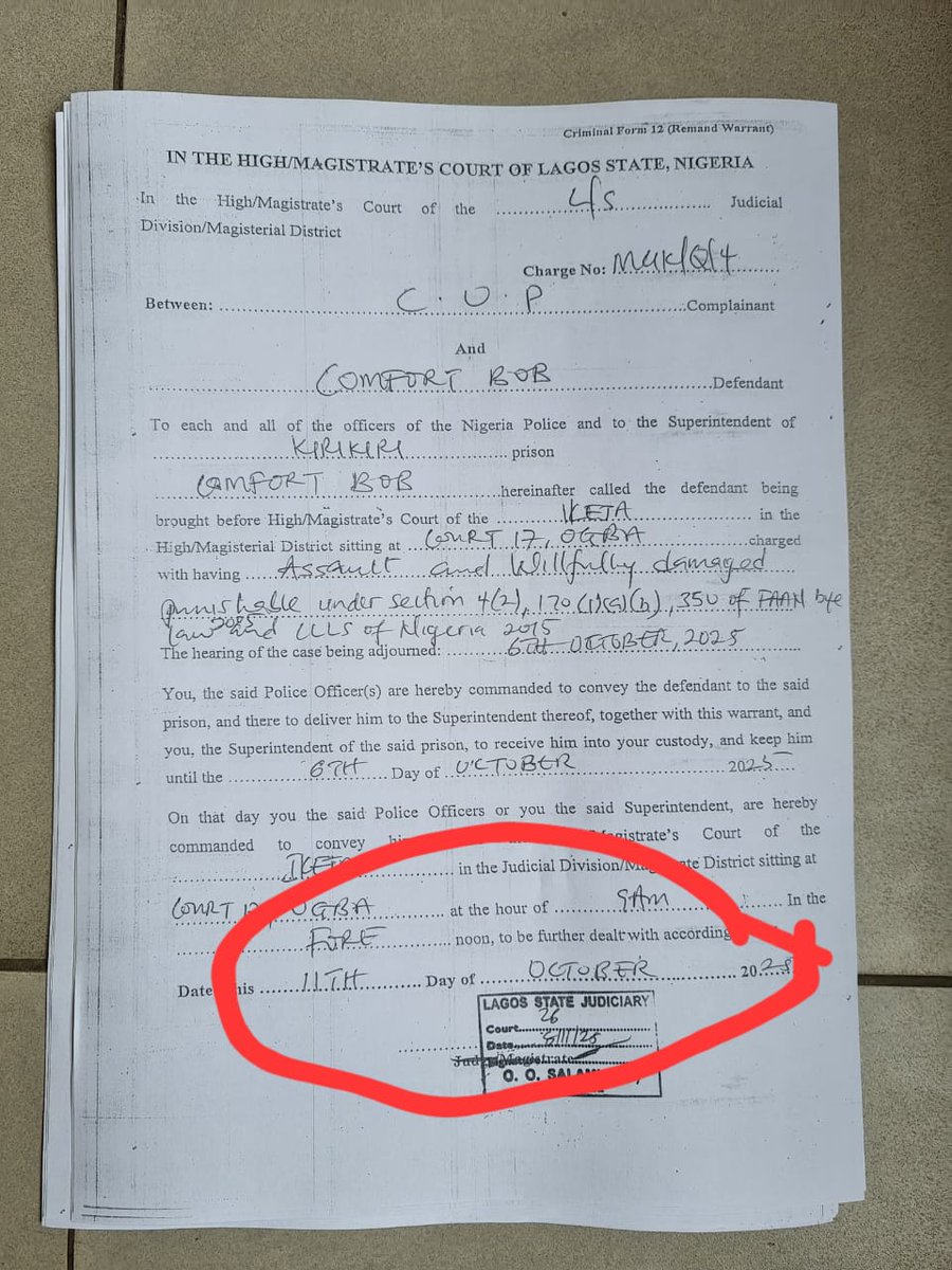 The Nigerian Judiciary, the Nigerian Police is a cesspool of fiendish, horrible, reprehensible vermins. 

This is the committal warrant upon which Comfort was remanded at Kirikiri Prisons, at the behest of <a href="/ibomairlines/">Ibom Air</a>. 

Why is it postdated by 2 months? This is outrageously