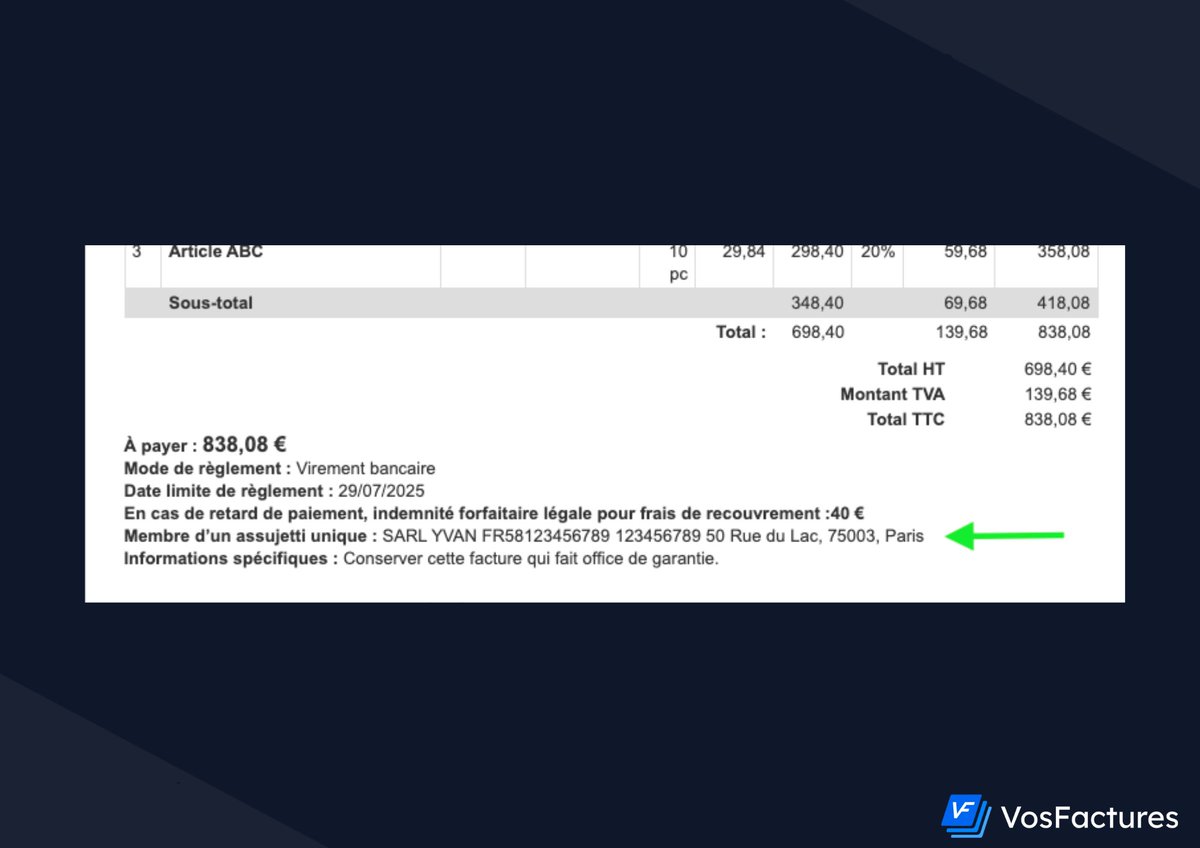📣 Nouvelle option : "Membre d'un Assujetti Unique" !  

✅ Mention automatique sur vos factures
✅ Coordonnées AU incluses 
✅ Conformité réglementaire garantie

👉 aide.vosfactures.fr/189542051-Opti… 

#Facturation #TVA #Assujettiunique #Conformité