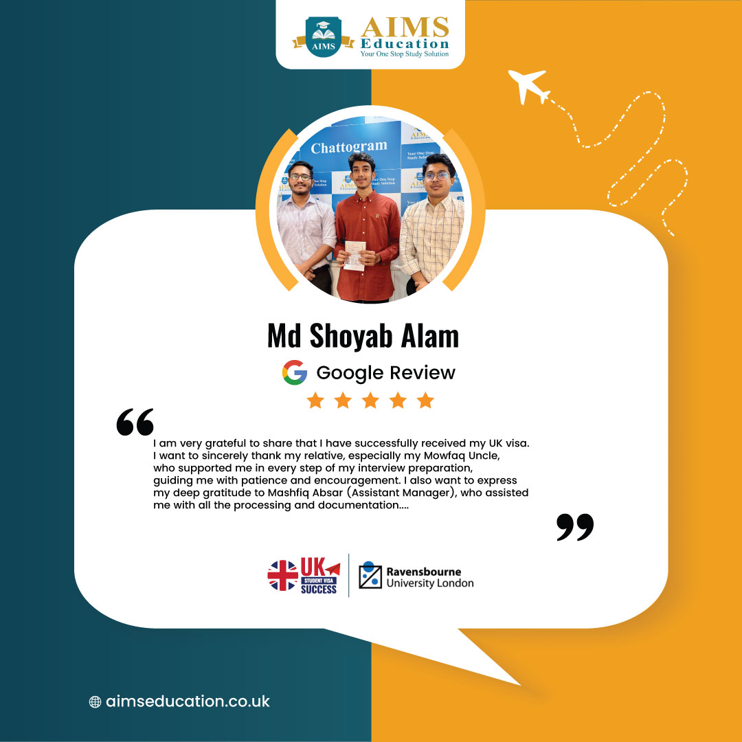 aimseducationuk's tweet photo. Congratulation Md Shoyab Alam
For your UK visa grant for the September 2025 intake and thank you for trusting AIMS Education.

Md Shoyab Alam is ready to pursue his passion and study a BSc (Hons) Cyber Security at Ravensbourne University London. https://t.co/pEqcVLVq2h
