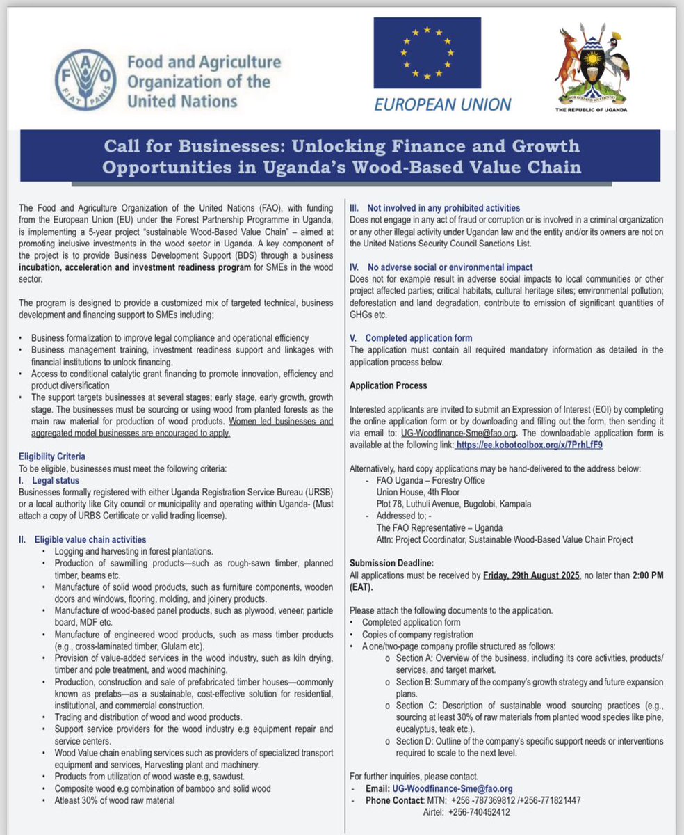 Innovation Village Hub (@tiv_hub) on Twitter photo Are you a #FutureMaker in Uganda’s #wood sector?
<a href="/FAOUganda/">FAO in Uganda</a> & <a href="/EUinUG/">EU in Uganda</a> are offering tailored support, grants & finance linkages to scale your business & drive sustainable forestry innovation.
Deadline: 29 Aug 2025, 2PM EAT
Apply 👉 ee.kobotoolbox.org/x/7PrhLfF9
#SMEs Are you a #FutureMaker in Uganda’s #wood sector?
<a href="/FAOUganda/">FAO in Uganda</a> & <a href="/EUinUG/">EU in Uganda</a> are offering tailored support, grants & finance linkages to scale your business & drive sustainable forestry innovation.
Deadline: 29 Aug 2025, 2PM EAT
Apply 👉 ee.kobotoolbox.org/x/7PrhLfF9
#SMEs