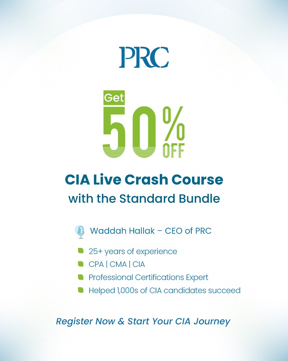 Ready to become a Certified Internal Auditor? The CIA 2025 Live Crash Course is the quickest and best way to pass the exam.

This live course covers all three parts of the CIA exam, fully updated for the 2025 syllabus.
 
Enroll Now and Save 50%: tinyurl.com/45p258sw