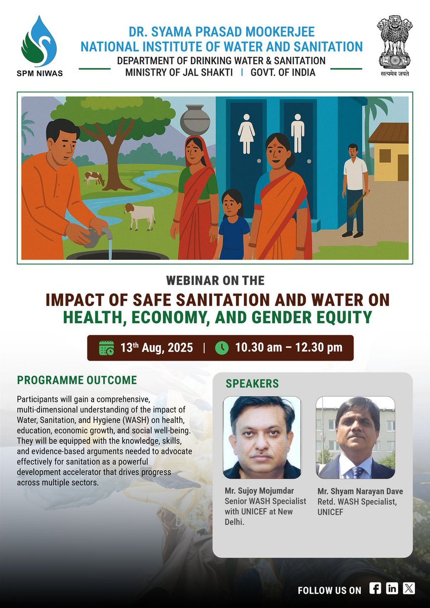 💧 Safe sanitation = better health, stronger economy, and gender equity.
📅 13 Aug 2025 | 10:30 AM–12:30 PM
🎙️ Hear from top UNICEF WASH experts at the webinar by SPM NIWAS.

#WASH #Sanitation #PublicHealth #GenderEquity #SustainableDevelopment