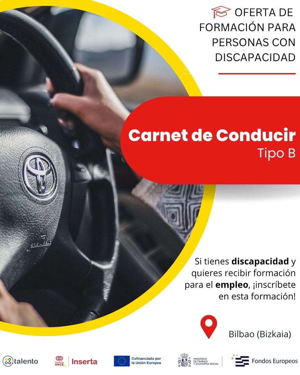 Por Talento (@portalento_) on Twitter photo 📢 #Formación: ¡"Carnet de Conducir (Tipo B)" en 📌 #Bilbao (#Bizkaia)!
📎 En la web:
hubs.ly/Q03pGKwj0
✉️ Más información: ade.inserta@fundaciononce.es 📢 #Formación: ¡"Carnet de Conducir (Tipo B)" en 📌 #Bilbao (#Bizkaia)!
📎 En la web:
hubs.ly/Q03pGKwj0
✉️ Más información: ade.inserta@fundaciononce.es