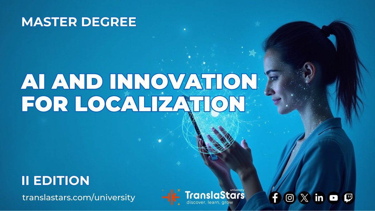 🚀 𝗠𝗮𝘀𝘁𝗲𝗿 𝗶𝗻 #AI &amp; #Innovation 𝗳𝗼𝗿 #Localization
120h live online. 

Learn:
🤖 LLMs
✍️ prompts
🔄 AI/MT-PE
🔍 AI-SEO 
👍 AI Tools

Tutors:
Morana Peric (DeepL)
Miguel Sepúlveda (Microsoft/King)
Jourik Ciesielski (Yamagata)
and many more!
👉 translastars.com/master-ai-inno…