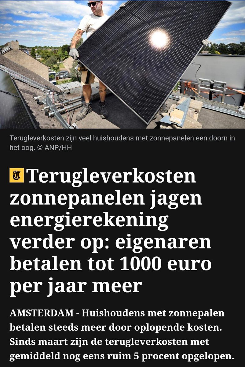 Leuk hè, die terugleverkosten voor #zonnepanelen, waardoor je energierekening tot wel 1.000 euro per jaar kan stijgen.

Je zou denken dat zestig miljoen zonnepanelen in #Nederland juist zorgen voor gratis zonne-energie en lagere kosten.

Omgekeerde wereld!