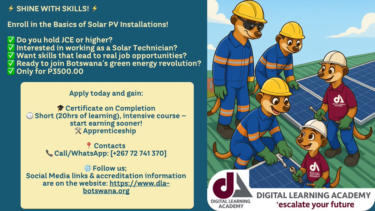 🌍 Happy #InternationalYouthDay! 🎉
At DLA, we equip youth with skills to not just adapt to the future but shape it. 💡📚

Your voice matters. Your ideas matter. Your future starts now. 🚀

#EmpowerYouth  #TVET #SkillsForLife #BotswanaYouth.